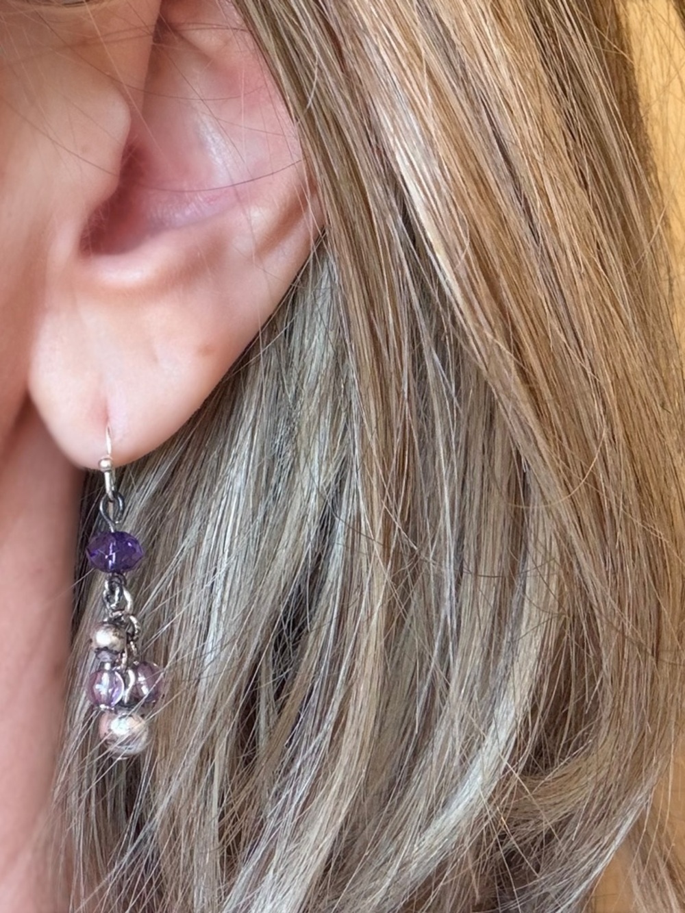 Silver Tone Dangle Earrings with Amethyst-colored Beads- Women Jewelry